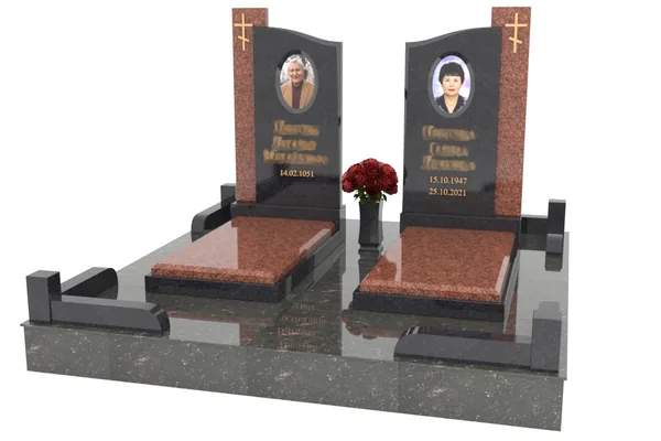 Вертикальный семейный памятник из двух видов камня с пилонам гранита-мрамора